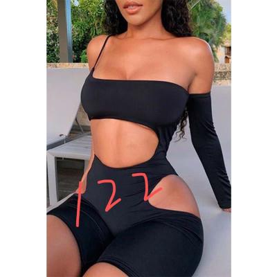 China QUICK DRY Black Solid One-Shoulder Cavity Sleeve Beach Style Asymmetrical Playsuit Rompers Cut Neck Skinny Streetwear Bodysui for sale