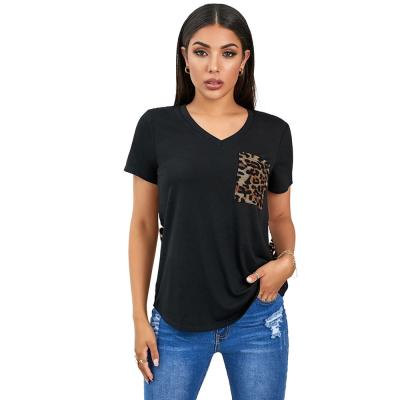 China 2021 New Version T-shirt Women's Casual Wear Leopard Print Summer Straight Ladies Tops European Soft V-neck Short Sleeve for sale