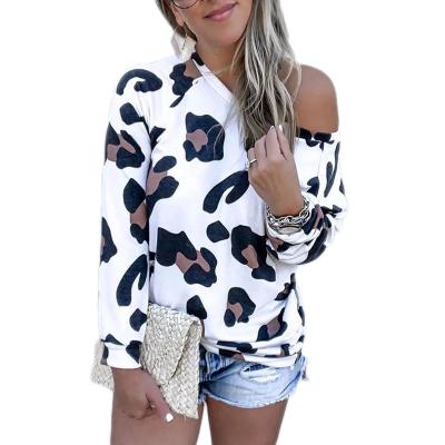 China 2021 New Spring Autumn Fashion Leopard Print Long Sleeve Collar T-shirt Soft High Quality Diagonal Printing Ladies Casual Tops for sale