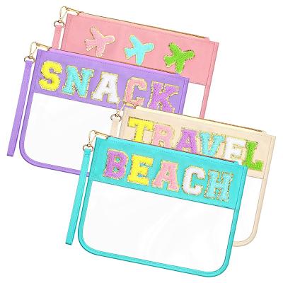 China Durable Letter Transparent Makeup Zipper with Travel Portable Bag, PVC Nylon Transparent Women's Bag for sale