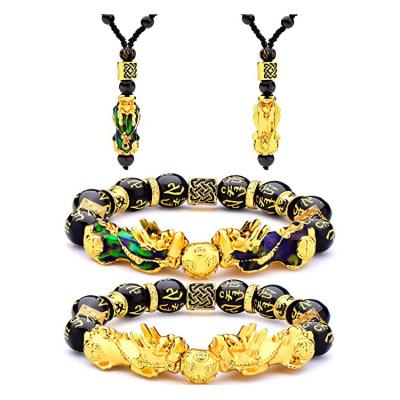 China Pi Xiu Ethnic Necklace Obsidian Bracelet Set Feng Shui Black Obsidian Wealth Bracelet CLLB079 for sale