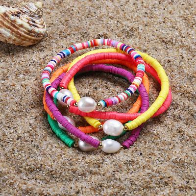 China BOHEMIA Summer Beach Bracelet Jewelry Heishi Bracelet & Bangles with Freshwater Pearl Rainbow Vinyl Disc Bead Surfer Stretch Bracelet for sale