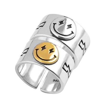 China Chunky Adjustable Smiley Face Ring Romantic Wide Vintage Silver Open Ring For Women Men for sale