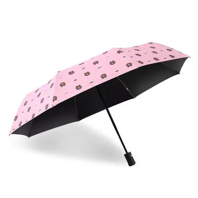 China Cute Factory Wholesale Three Fold Black Coated Bear Pattern Automatic Folding UV Umbrella For women for sale