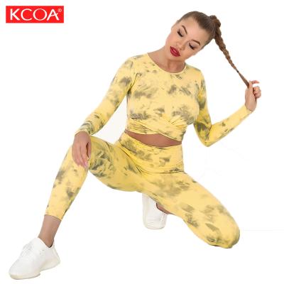 China Breathable High Waist Fitness Quick Dry Tie Die Shiny Ladies Workout Yoga Wear Set for sale