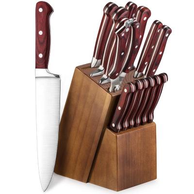 China Yangjiang Sustainable Factory Wood Block Knife Set Forged Handle 15 Pcs Kitchen Knife Set for sale