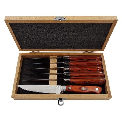 China Premium 6 Pcs Sustainable Pakka Wooden Handle Serrated Steak Knives Stainless Steel Steak Knife Set With Wooden Box for sale