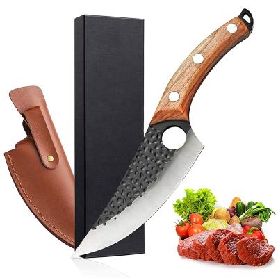 China Viable Professional Chinese Hammered Pattern Meat Boning Knife Butcher Knife Stainless Steel Wood Handle Butcher Knife for sale