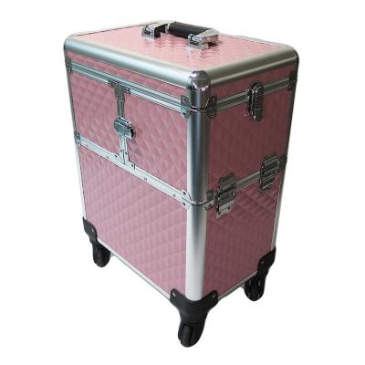 China Dustproof/Waterproof/Fireproof MAKE UP CASE CASH TROLLEY COSMETIC Aluminum Travel Trolley Professional Makeup Case with Wheels for sale