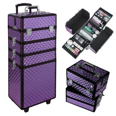 China Dustproof/Waterproof/Fireproof Aluminum Rolling Case Beauty Case 4 in 1 Cosmetic Case Makeup Barber Cosmetic Box for sale