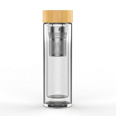 China Double Wall Borosilicate Glass Lid Sustainable Bamboo Water Bottle with Infuser and Strainer 450ml/16oz for sale