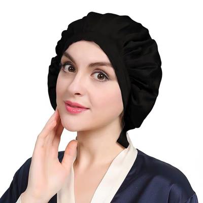 China Eco-friendly 100% natural silk luxury black silk hood for women silk hood sleep hat for long hair colored women for sale