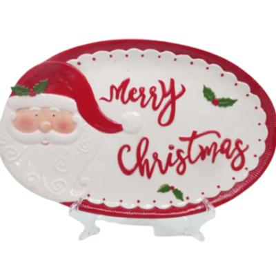 China Sustainable Oval Ceramic Santa Christmas Dish Ceramic Cookie Dish For Sale for sale