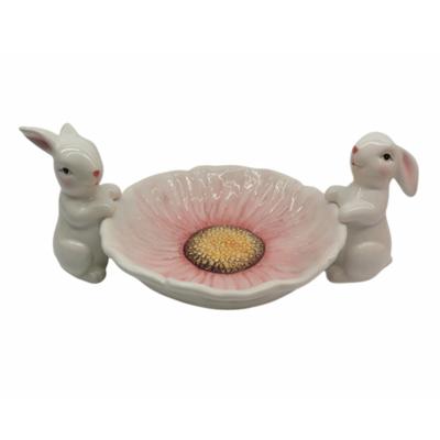 China Sustainable Easter Decoration 9 INCH Flower Design Porcelain Dish Ceramic Dish With Rabbit Two 3D Dolomite Bunny Dish Bowl for sale