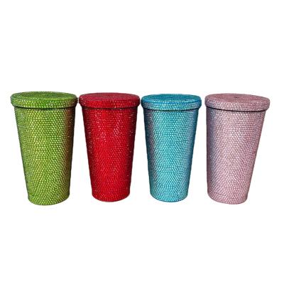 China Customer Washable Design OEM Water Bottle Gem Colored Beverage Cup Bling Bottle With Straw Blinged Cups for sale