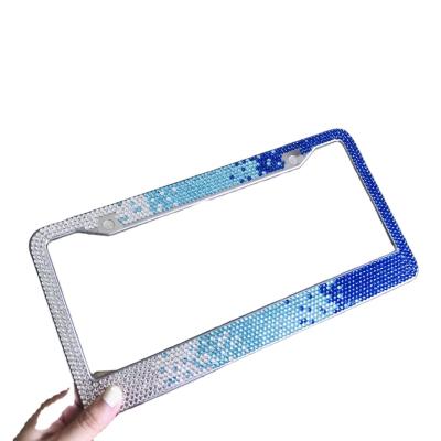 China Bling Blue Cart USA Decoration Bling Diamond Glass Rhinestone Stainless Steel Car Number License Plate Frame for sale