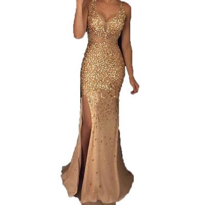 China Anti-wrinkle Women Party Dress Bling V-Neckline Evening Dress Mermaid Split Long Dress for sale