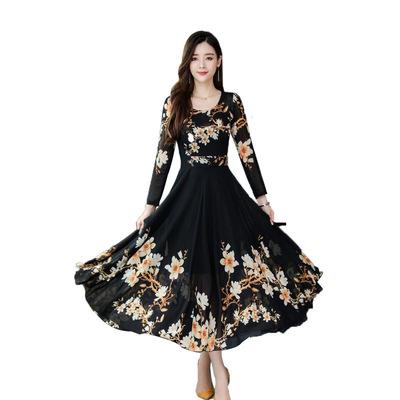 China Hot Selling Anti-wrinkle Plus Size Woman Casual Dress Ladies Slim Fit Dinner Flower Printed Long Dresses for sale