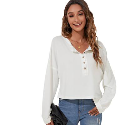 China Anti-wrinkle hot Europe and the United States pure color elegant ladies casual tops long sleeve knit shirt V-neck loose oversized T-shirt for sale