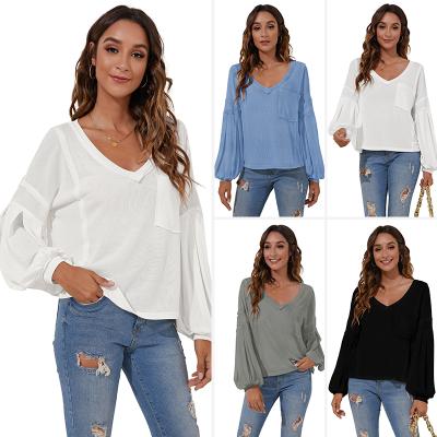 China Anti-Wrinkle Best Selling 2021 Women's Solid Color Women's Tops T-shirt Long Sleeve Pocket To for sale