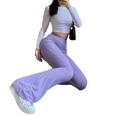 China New Style Women's Anti-pilling Pants Fashion Solid Color Tight High Waist Pants Women's Ribbed Elastic Flare Pants for sale