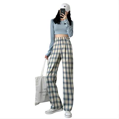 China 2021 Autumn New Casual Blue Plaid Slim Viable Wide-leg Pants High-waist Draped Loose Fashion Trial Panties for sale