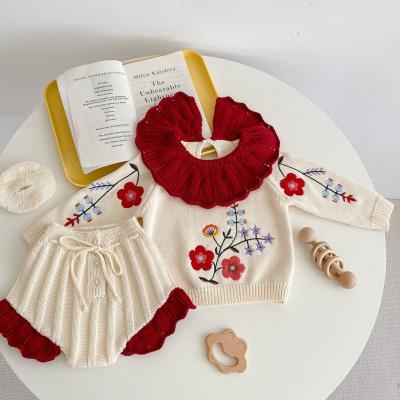 China 2pieces Baby Toddler Clothing Anti-Shrink Embroidery Girls Kids Style Coat Knitted Sweater Cardigan Set for sale