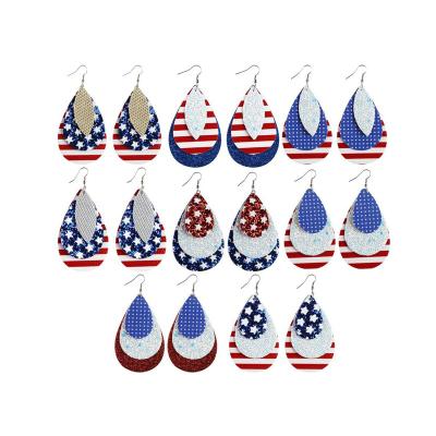 China Personalized Ethnic Independence Day Glitter American 3 Layer Stripes Star Teardrop Flag Print PU Leather Earrings for sale