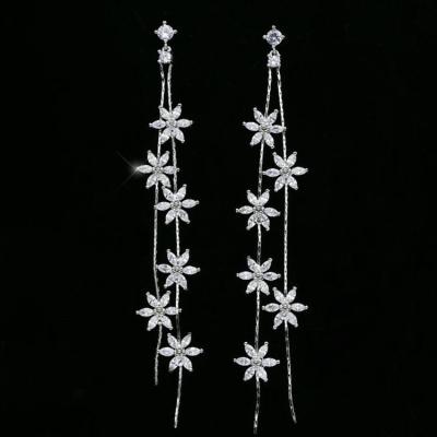 China High Quality 925 Sterling Silver Zircon Tassel Flower Long Chain Earrings Romantic Korean Pendant Earrings for sale