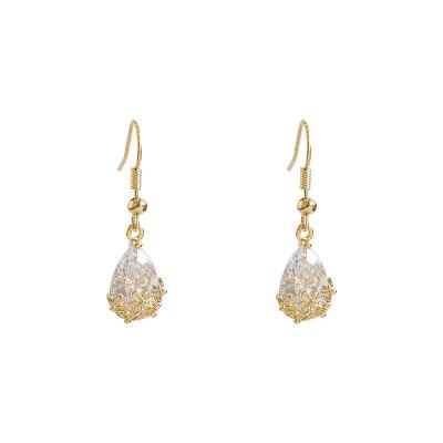 China Flower Style Luxury Crystal Women's Earrings Korean Ethnic Minimalist French Bridal Zirconia Crystal Gold Plated Diamond Drop Earrings for sale