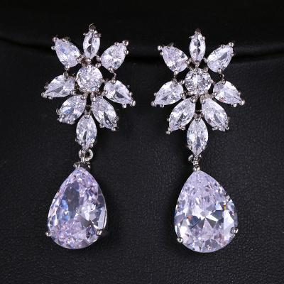 China High Quality TRENDY Zircon Diamond Flower Statement Brides Drop Earrings Wedding Fashion Jewelry Accessories for sale