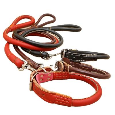 China Thoughtful Pet Woven To Whip Rope Explosion-proof Leather Yellow Butter Pull German Shepherd Dog Leather Rope for sale