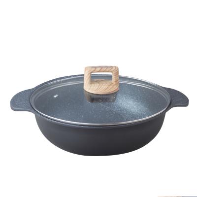 China Stocked Cast Aluminum Medical Stone Nonstick Coating With Wood Looking To Handle 30cm Hot Pot for sale