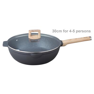 China Cast Aluminum Stone 30cm Traditional Medical Nonstick Coating With Wood Looking Deep Frying Pan for sale