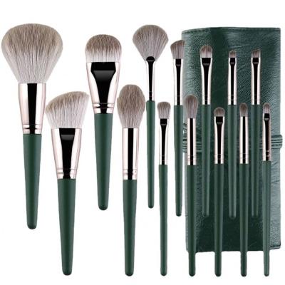 China Angular Blush DX14Pcs Green Makeup Set Brush With Bag Private Label Fan Powder Contour Highlight Eyeshadow Foundation Face Cosmetics Brush for sale