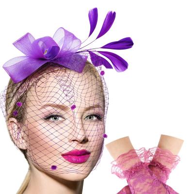 China Bowknot 	Feather Fascinator Hat Veil Mesh Headband and Short Lace Gloves Floral Lace Gloves for sale