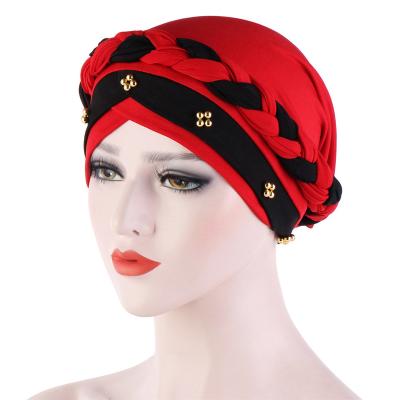 China Woman Satin Boho Braid Pearl Hair Head Chemo Cancer Turban Skullies Beanies Scrub Cap Hat for sale