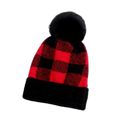 Cina Winter Knit Slouchy Fur Hat Cap Pom Buffalo Plaid Beanie Hat for Women in vendita