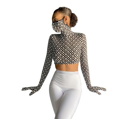 China QUICK DRY manic high colloar bodycon leopard long sleeve crop tops for women print crop top custom with facemask for sale