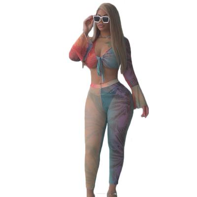 China Newcomer QUICK DRY illegally sold long sleeve printed tight two-piece pants set sexy fashionable crop top 2 pieces set 2021 for sale