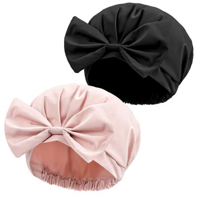 China Casquillos de ducha Bouffant de la ducha del turbante del rosa del negro de la extra grande impermeable reutilizable del Bowknot en venta