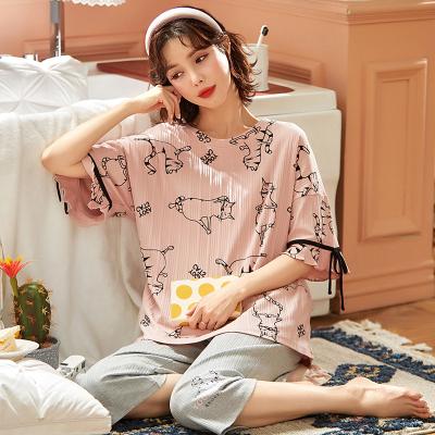 China QUICK DRY Two Piece Short Sleeve Cotton Pajama Set Sleepwear Cotton Fabric Sets for sale