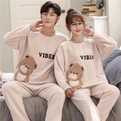 China 2021 Winter Couples Flannel Pajamas Sweater Thermal Casual Cute Women Print Cartoon Men's Clothing Couples Home Suit With Flannel for sale