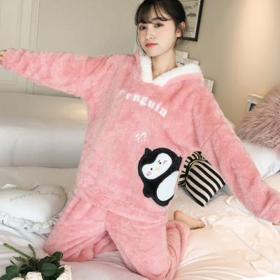 China Women's Thermal Popular Lady's Home Cartoon Thickened Winter Nightgown Flannel Pajamas Sleepwear Set With Hooded for sale