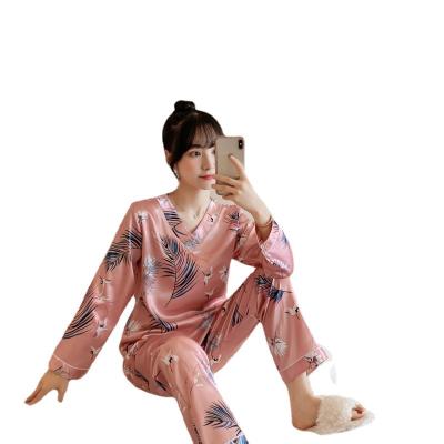 China Luxury Flower Printing Hot Sale QUICK DRY Satin Pajamas Women Plus Size Long Sleeve Sleepwear Homewear Girl Night Wear for sale