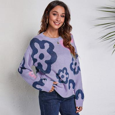 China 2021 hot sale Amazon Anti-wrinkle flower printing knitted girls' sweater loose pullover women casual sweater for sale