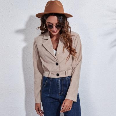 China 2021 Anti-wrinkle women's suit collar corduroy jacket fall/winter long sleeves with belt stripper short coat and jackets for sale