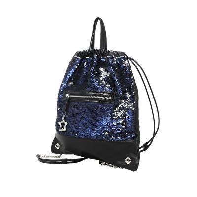 China Other OEM ODM Customized Spangly Blue Shiny Leather Backpack Drawstring Bag Unique Design for sale