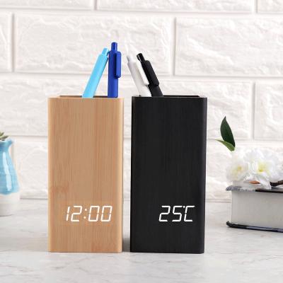 China Classroom Promotional Brush Jar Gift Wood Led Digital Alarm Clock for sale