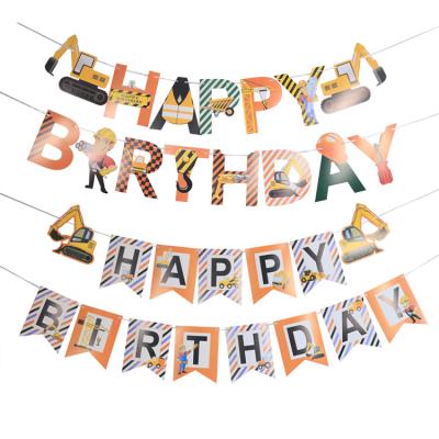 China Nonprofit Organizations Birthday Party Garland Banners Baby Shower Excavator Paper Happy Birthday Paper Bunting Flags for sale